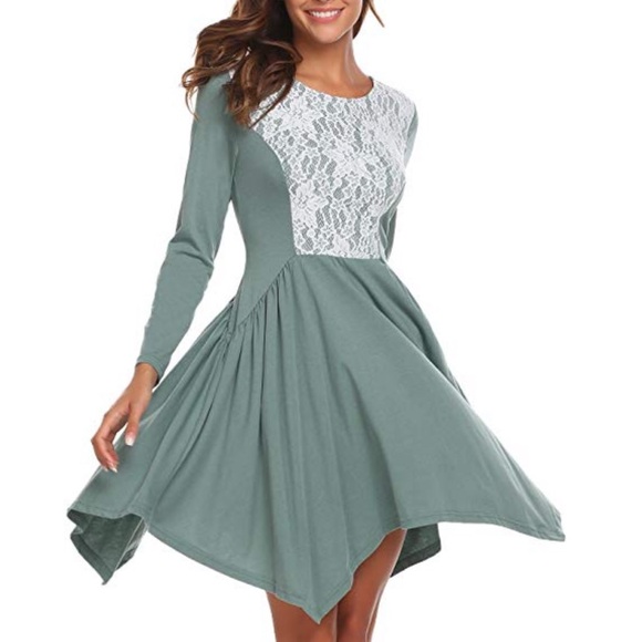 Dresses & Skirts - Sage Lace Patchwork Irregular Hem Boho Dress